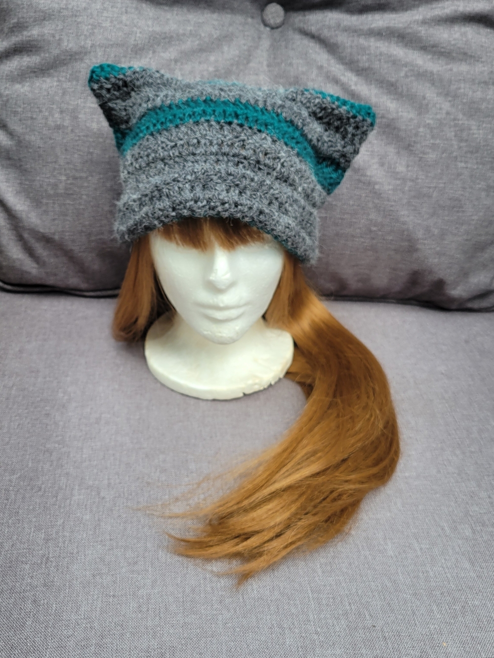 Handmade Gray & Gree  Crochet Cat Ear Beanie - Women Hair Accessory